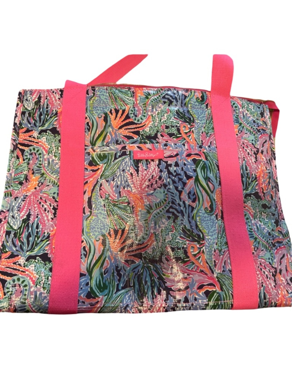 Lilly Pulitzer Multicolor Tropical Print Cooler Tote with Hot Pink Straps